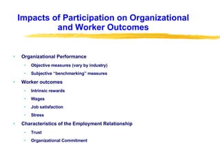 Impacts of Participation on Organizational and Worker Outcomes Organizational Performance Objective measures (vary by industry) Subjective “benchmarking” measures Worker outcomes Intrinsic rewards Wages Job satisfaction Stress Characteristics of the Employment Relationship Trust Organizational Commitment 
