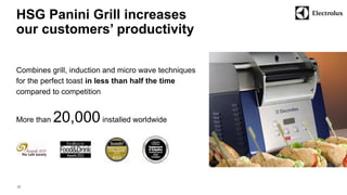 HSG Panini Grill increases 
our customers’ productivity 
Combines grill, induction and micro wave techniques 
for the perfect toast in less than half the time 
compared to competition 
More than 20,000 installed worldwide 
17 
 