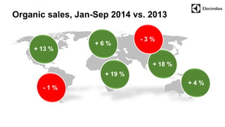 Organic sales, Jan-Sep 2014 vs. 2013 
+ 13 % 
+ 6 % 
+ 19 % 
+ 13 % 
+ 4 % 
+ 18 % 
- 1 % 
- 3 % 
 
