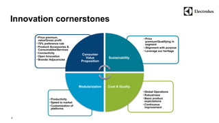 Innovation cornerstones 
4 
•Global Operations 
•Robustness 
• Basic product 
expectations 
• Continuous 
improvement 
• Productivity 
• Speed to market 
•Customization of 
platforms 
• Price 
premium/Qualifying in 
segment 
•Alignment with purpose 
• Leverage our heritage 
• Price premium, 
value/Gross profit 
• 70% preference rule 
• Product/ Accessories & 
Consumables/Services 
•Connectivity 
•Open Innovation 
• Brands/ Adjacencies 
Consumer 
Value 
Proposition 
Sustainability 
Modularization Cost & Quality 
 