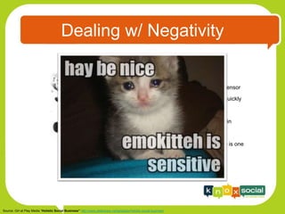 Dealing w/ Negativity

                                                                                                                 •    Humanize brand

                                                                                                                 •    Listen & accept don’t censor

                                                                                                                 •    Respond directly and quickly

                                                                                                                 •    Be honest

                                                                                                                 •    Be transparent & explain

                                                                                                                 •    Create opportunity

                                                                                                                 •    Fix the problem if there is one




Source: Girl at Play Media “Holistic Social Business” http://www.slideshare.net/girlatplay/holistic-social-business
 