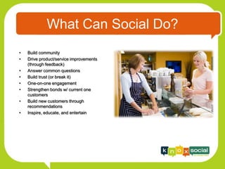 What Can Social Do?
•   Build community
•   Drive product/service improvements
    (through feedback)
•   Answer common questions
•   Build trust (or break it)
•   One-on-one engagement
•   Strengthen bonds w/ current one
    customers
•   Build new customers through
    recommendations
•   Inspire, educate, and entertain
 