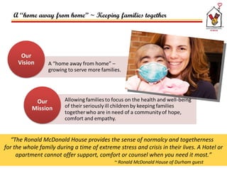 A “home away from home” ~ Keeping families together “ The Ronald McDonald House provides the sense of normalcy and togetherness  for the whole family during a time of extreme stress and crisis in their lives. A Hotel or apartment cannot offer support, comfort or counsel when you need it most.” ~ Ronald McDonald House of Durham guest 