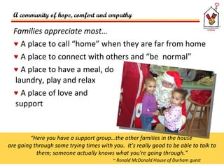 Families appreciate most… A place to call “home” when they are far from home A place to connect with others and “be  normal” A place to have a meal, do   laundry, play and relax A place of love and   support A community of hope, comfort and empathy “ Here you have a support group…the other families in the house  are going through some trying times with you.  It’s really good to be able to talk to them; someone actually knows what you're going through.” ~ Ronald McDonald House of Durham guest 