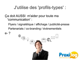 J'utilise des 'profils-types' :
Ça doit AUSSI  m'aider pour toute ma 
 'communication' :
  Flyers / signalétique / affichage / publicité-presse
  Partenariats / co-branding / évènementiels
e- ?
 