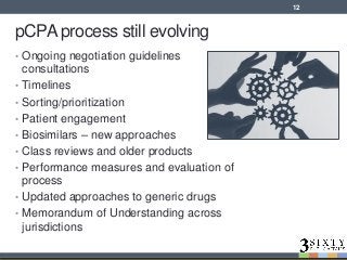 pCPA process still evolving
• Ongoing negotiation guidelines
consultations
• Timelines
• Sorting/prioritization
• Patient engagement
• Biosimilars – new approaches
• Class reviews and older products
• Performance measures and evaluation of
process
• Updated approaches to generic drugs
• Memorandum of Understanding across
jurisdictions
12
 