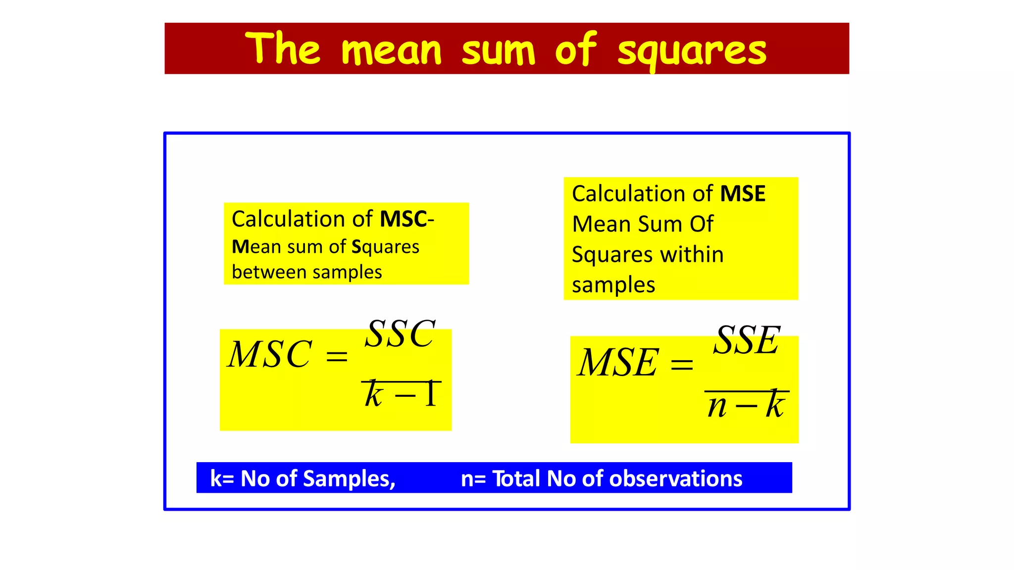 The mean sum of squares
MSC 
SSC
k 1
MSE 
SSE
n  k
Calculation of MSC-
Mean sum of Squares
between samples
Calculation of MSE
Mean Sum Of
Squares within
samples
k= No of Samples, n= Total No of observations
 