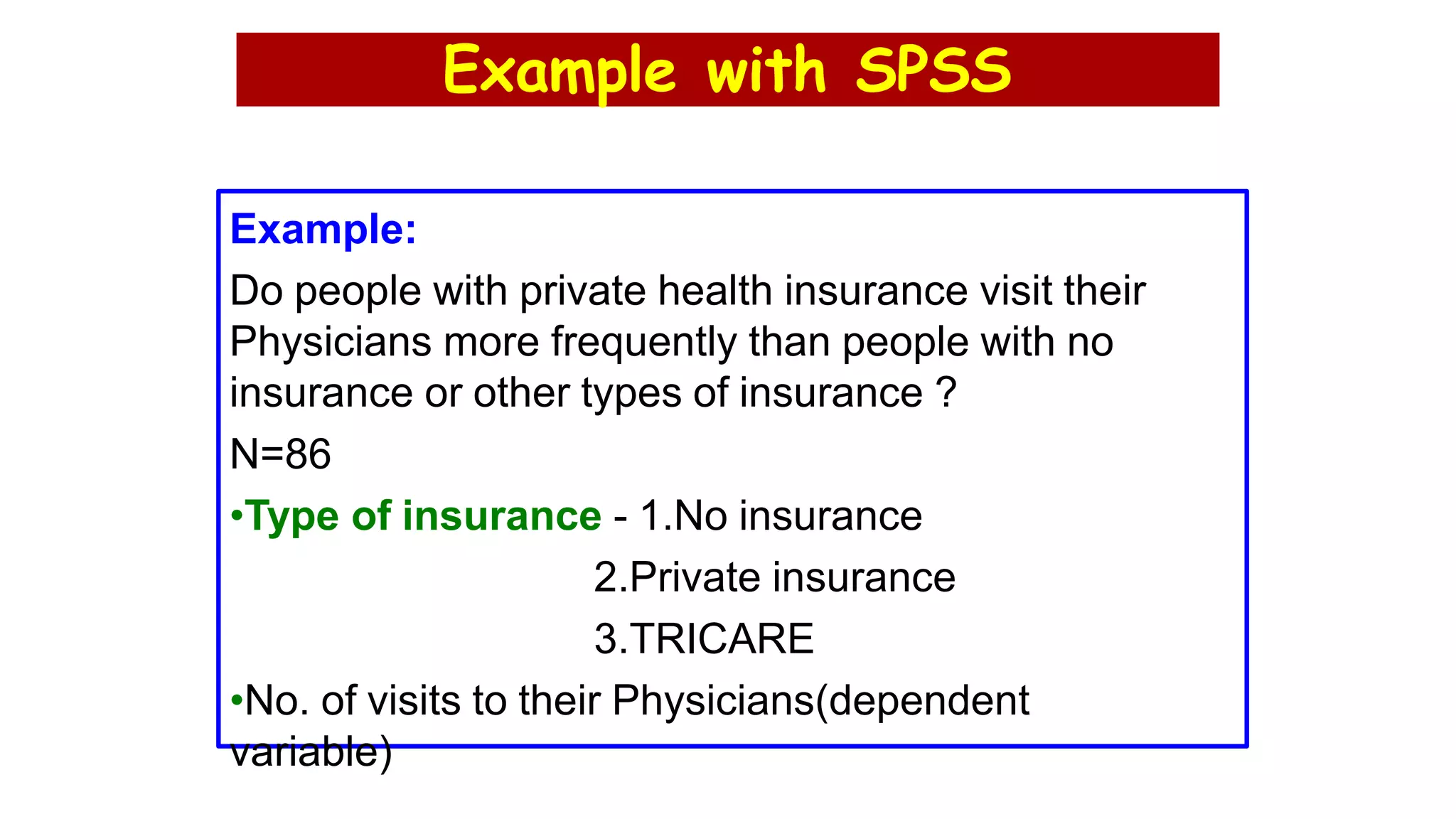 Example with SPSS
Example:
Do people with private health insurance visit their
Physicians more frequently than people with no
insurance or other types of insurance ?
N=86
•Type of insurance - 1.No insurance
2.Private insurance
3.TRICARE
•No. of visits to their Physicians(dependent
variable)
 