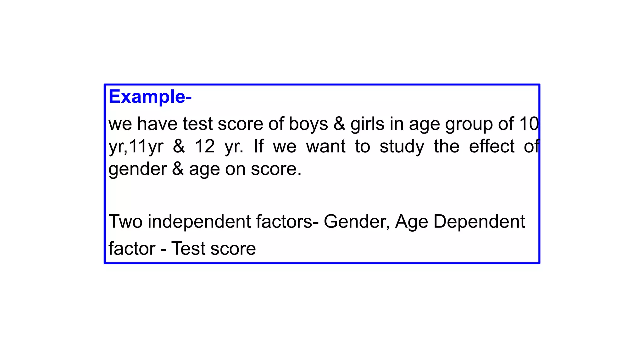 Example-
we have test score of boys & girls in age group of 10
yr,11yr & 12 yr. If we want to study the effect of
gender & age on score.
Two independent factors- Gender, Age Dependent
factor - Test score
 