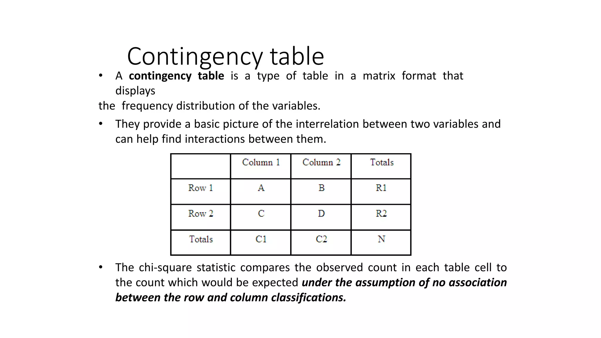 Contingency table
• A contingency table is a type of table in a matrix format that
displays
the frequency distribution of the variables.
• They provide a basic picture of the interrelation between two variables and
can help find interactions between them.
• The chi-square statistic compares the observed count in each table cell to
the count which would be expected under the assumption of no association
between the row and column classifications.
 