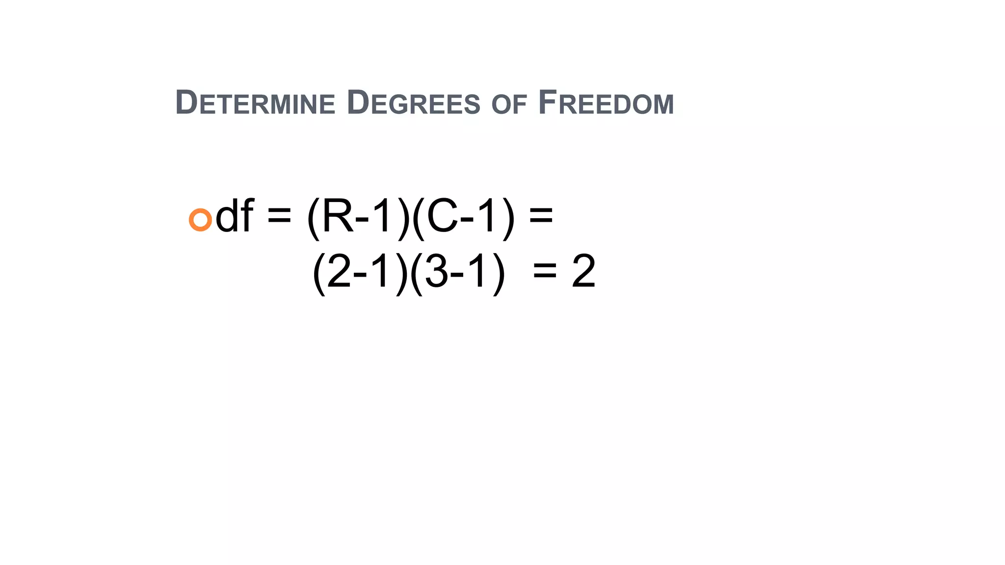 DETERMINE DEGREES OF FREEDOM
df = (R-1)(C-1) =
(2-1)(3-1) = 2
 