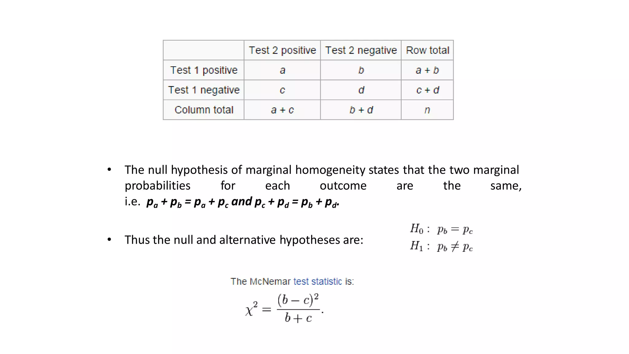 • The null hypothesis of marginal homogeneity states that the two marginal
probabilities for each outcome are the same,
i.e. pa + pb = pa + pc and pc + pd = pb + pd.
• Thus the null and alternative hypotheses are:
 