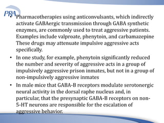 • Pharmacotherapies using anticonvulsants, which indirectly
activate GABAergic transmission through GABA synthetic
enzymes, are commonly used to treat aggressive patients.
Examples include valproate, phenytoin, and carbamazepine
These drugs may attenuate impulsive aggressive acts
specifically.
• In one study, for example, phenytoin significantly reduced
the number and severity of aggressive acts in a group of
impulsively aggressive prison inmates, but not in a group of
non-impulsively aggressive inmates
• In male mice that GABA-B receptors modulate serotonergic
neural activity in the dorsal raphe nucleus and, in
particular, that the presynaptic GABA-B receptors on non-
5-HT neurons are responsible for the escalation of
aggressive behavior.
 