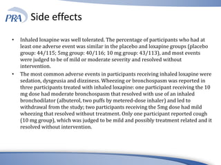 Side effects
• Inhaled loxapine was well tolerated. The percentage of participants who had at
least one adverse event was similar in the placebo and loxapine groups (placebo
group: 44/115; 5mg group: 40/116; 10 mg group: 43/113), and most events
were judged to be of mild or moderate severity and resolved without
intervention.
• The most common adverse events in participants receiving inhaled loxapine were
sedation, dysgeusia and dizziness. Wheezing or bronchospasm was reported in
three participants treated with inhaled loxapine: one participant receiving the 10
mg dose had moderate bronchospasm that resolved with use of an inhaled
bronchodilator (albuterol, two puffs by metered-dose inhaler) and led to
withdrawal from the study; two participants receiving the 5mg dose had mild
wheezing that resolved without treatment. Only one participant reported cough
(10 mg group), which was judged to be mild and possibly treatment related and it
resolved without intervention.
 