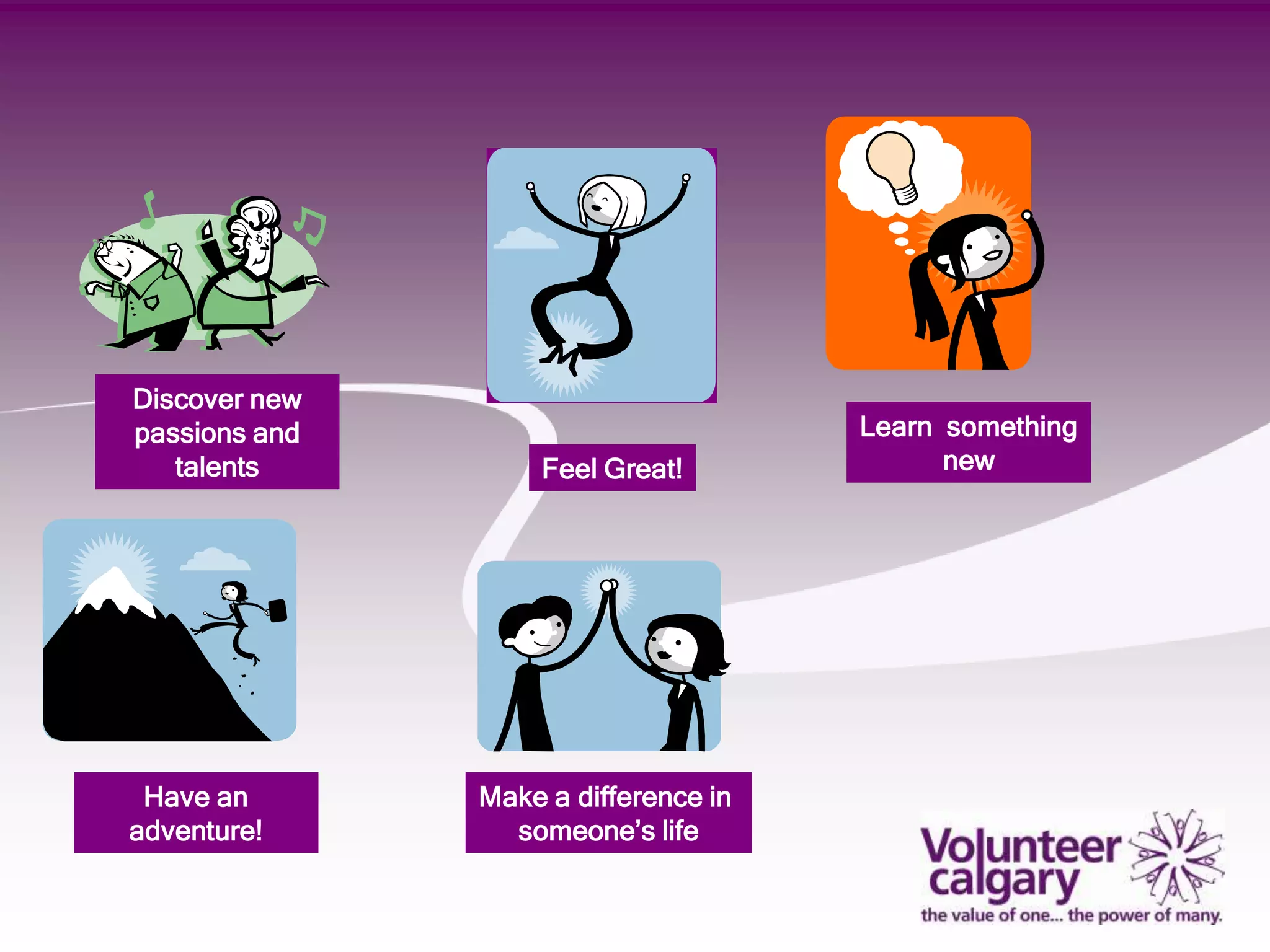 Discover new
passions and                          Learn something
   talents         Feel Great!              new




 Have an       Make a difference in
adventure!       someone’s life
 