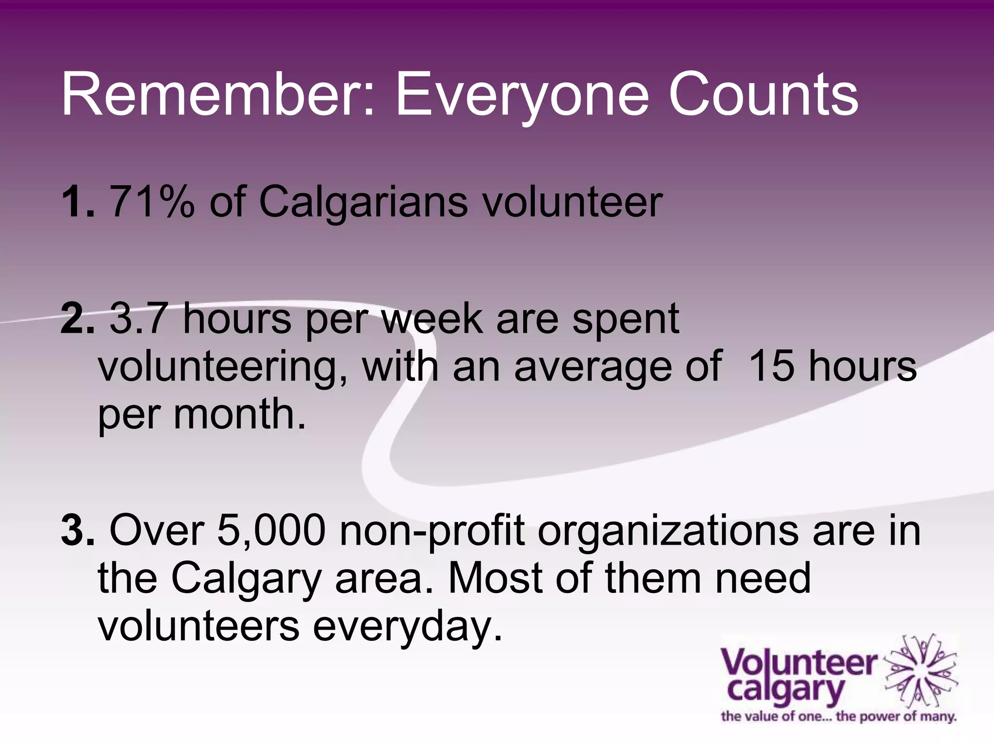 Remember: Everyone Counts
1. 71% of Calgarians volunteer

2. 3.7 hours per week are spent
  volunteering, with an average of 15 hours
  per month.

3. Over 5,000 non-profit organizations are in
  the Calgary area. Most of them need
  volunteers everyday.
 
