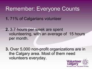 Remember: Everyone Counts
1. 71% of Calgarians volunteer

2. 3.7 hours per week are spent
  volunteering, with an average of 15 hours
  per month.

3. Over 5,000 non-profit organizations are in
  the Calgary area. Most of them need
  volunteers everyday.
 