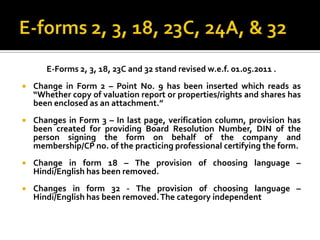 E-forms 2, 3, 18, 23C, 24A, & 32<br />E-Forms 2, 3, 18, 23C and 32 stand revised w.e.f. 01.05.2011 .<br />Change in Form 2...