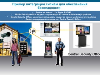 © 2006 Cisco Systems, Inc. All rights reserved. Cisco ConfidentialPresentation_ID 5© 2008 Cisco Systems, Inc. All rights reserved. Cisco ConfidentialC96-436464_01 5
Пример интеграции сисием для обеспечения
безопасности
Central Security Office
• Вызов на номер 112 с Apple IPHONE
• Mobile Security Officer видит что происходит на своем мобильном устройстве
• Mobile Security Officer может контролировать камеру со своего мобильного устройства
• Видео одновременно передается Central Security Office
 