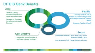 C97-685704-00 © 2011 Cisco and/or its affiliates. All rights reserved. Cisco Confidential 21
Agile
FlexibleAbility to Deploy
Infrastructure Services
When You Need Them
Increase or Decrease
Infrastructure to Match
Demand
Choice of Prebuilt Virtual
Images or Custom Images That
You Design Based on Specific
Needs
Integrate PaaS and SaaS
Available to Internal Cisco Users Only - Data
Remains Inside Cisco
Limit Access to Only Those Users You Entitle
Secure
Cost Effective
Comparable Pricing Models to
Third-Party Service Providers
 