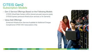 C97-685704-00 © 2011 Cisco and/or its affiliates. All rights reserved. Cisco Confidential 23
Subscription Models
• Gen 2 Service Offerings Based on the Following Models
CITEIS Virtual Data Centers (vDCs) (tenant pre-paid resource pools)
CITEIS Express (personal infrastructure services or On Demand)
• Value Add Offerings
Enhanced Infrastructure Services Available for Additional Charges
Compliments CITEIS VDC Subscriptions Only
 