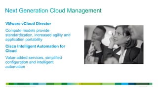 C97-685704-00 © 2011 Cisco and/or its affiliates. All rights reserved. Cisco Confidential 6
VMware vCloud Director
Compute models provide
standardization, increased agility and
application portability
Cisco Intelligent Automation for
Cloud
Value-added services, simplified
configuration and intelligent
automation
 