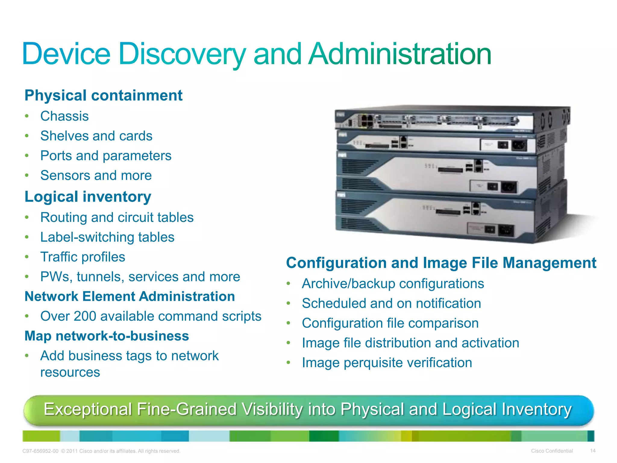 C97-656952-00 © 2011 Cisco and/or its affiliates. All rights reserved. Cisco Confidential 14
Physical containment
• Chassis
• Shelves and cards
• Ports and parameters
• Sensors and more
Logical inventory
• Routing and circuit tables
• Label-switching tables
• Traffic profiles
• PWs, tunnels, services and more
Network Element Administration
• Over 200 available command scripts
Map network-to-business
• Add business tags to network
resources
Exceptional Fine-Grained Visibility into Physical and Logical Inventory
Configuration and Image File Management
• Archive/backup configurations
• Scheduled and on notification
• Configuration file comparison
• Image file distribution and activation
• Image perquisite verification
 