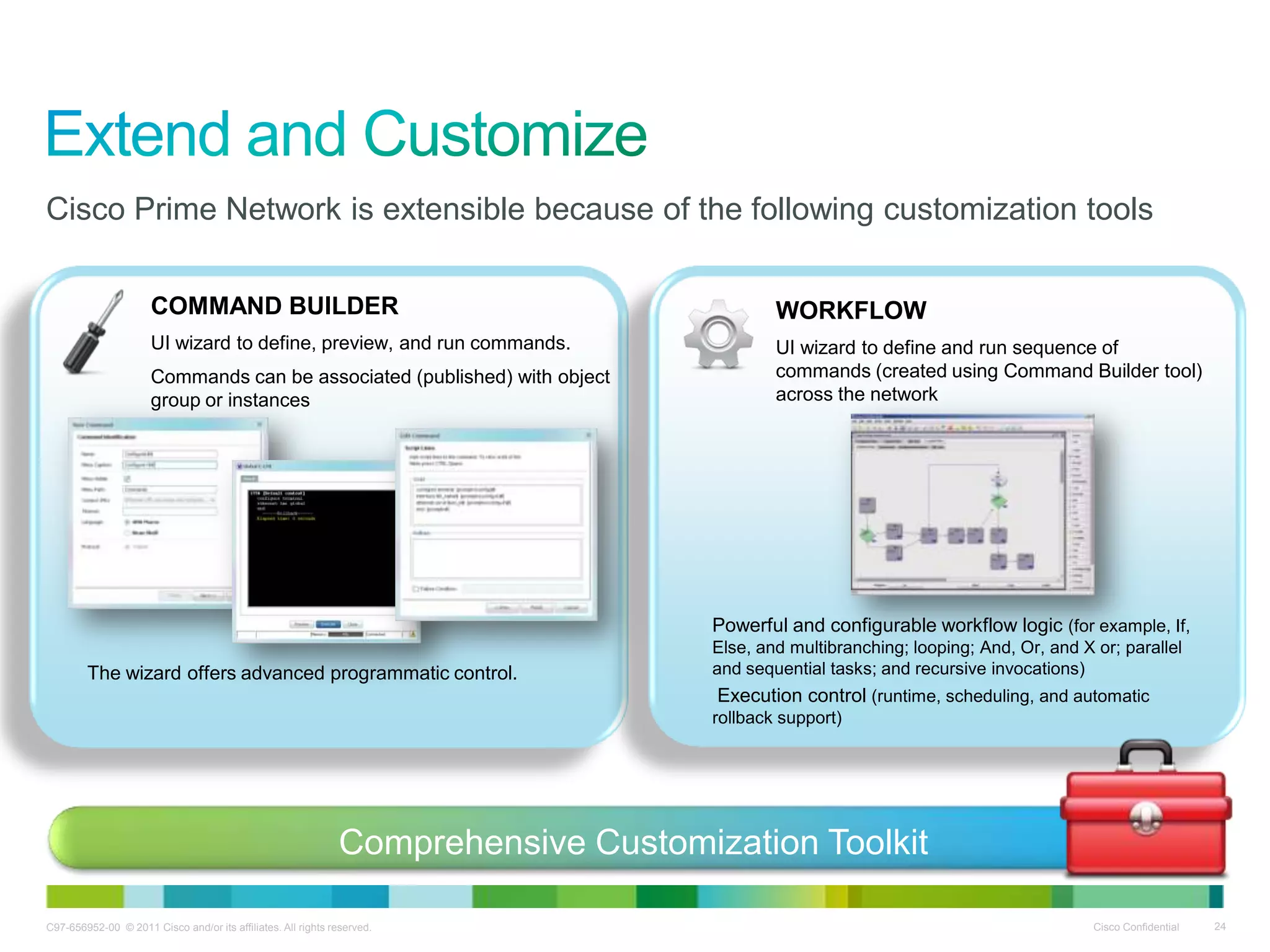 C97-656952-00 © 2011 Cisco and/or its affiliates. All rights reserved. Cisco Confidential 24
Cisco Prime Network is extensible because of the following customization tools
WORKFLOW
UI wizard to define and run sequence of
commands (created using Command Builder tool)
across the network
Powerful and configurable workflow logic (for example, If,
Else, and multibranching; looping; And, Or, and X or; parallel
and sequential tasks; and recursive invocations)
Execution control (runtime, scheduling, and automatic
rollback support)
COMMAND BUILDER
UI wizard to define, preview, and run commands.
Commands can be associated (published) with object
group or instances
The wizard offers advanced programmatic control.
Comprehensive Customization Toolkit
 