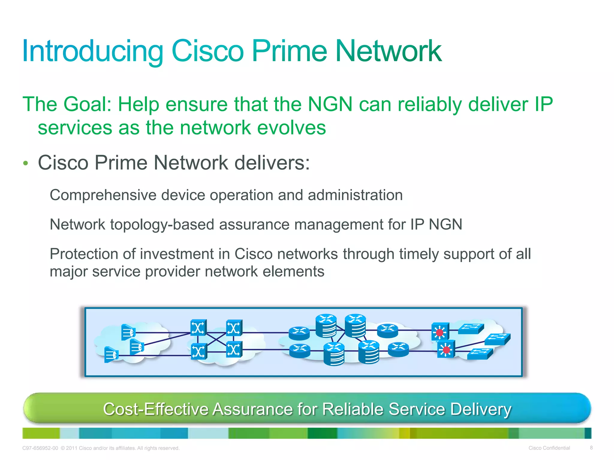 C97-656952-00 © 2011 Cisco and/or its affiliates. All rights reserved. Cisco Confidential 8
The Goal: Help ensure that the NGN can reliably deliver IP
services as the network evolves
• Cisco Prime Network delivers:
Comprehensive device operation and administration
Network topology-based assurance management for IP NGN
Protection of investment in Cisco networks through timely support of all
major service provider network elements
Cost-Effective Assurance for Reliable Service Delivery
 