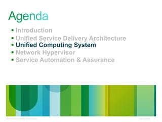 Cisco Confidential© 2010 Cisco and/or its affiliates. All rights reserved. 11
 Introduction
 Unified Service Delivery Architecture
 Unified Computing System
 Network Hypervisor
 Service Automation & Assurance
 