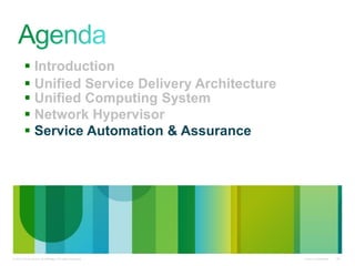 Cisco Confidential© 2010 Cisco and/or its affiliates. All rights reserved. 20
 Introduction
 Unified Service Delivery Architecture
 Unified Computing System
 Network Hypervisor
 Service Automation & Assurance
 