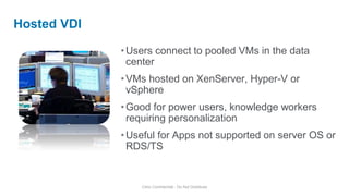 •Users connect to pooled VMs in the data
center
•VMs hosted on XenServer, Hyper-V or
vSphere
•Good for power users, knowledge workers
requiring personalization
•Useful for Apps not supported on server OS or
RDS/TS
Hosted VDI
Citrix Confidential - Do Not Distribute
 