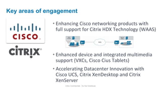 • Enhancing Cisco networking products with
full support for Citrix HDX Technology (WAAS)
• Enhanced device and integrated multimedia
support (VXCs, Cisco Cius Tablets)
• Accelerating Datacenter Innovation with
Cisco UCS, Citrix XenDesktop and Citrix
XenServer
Key areas of engagement
Citrix Confidential - Do Not Distribute
 
