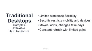 • Limited workplace flexibility
• Security restricts mobility and devices
• Moves, adds, changes take days
• Constant refresh with limited gains
 