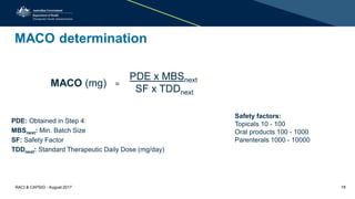 MACO determination
PDE: Obtained in Step 4
MBSnext: Min. Batch Size
SF: Safety Factor
TDDnext: Standard Therapeutic Daily Dose (mg/day)
MACO (mg) =
PDE x MBSnext
SF x TDDnext
Safety factors:
Topicals 10 - 100
Oral products 100 - 1000
Parenterals 1000 - 10000
RACI & CAPSIG - August 2017 18
 