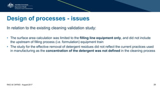 Design of processes - issues
In relation to the existing cleaning validation study:
• The surface area calculation was limited to the filling line equipment only, and did not include
the upstream of filling process (i.e. formulation) equipment train
• The study for the effective removal of detergent residues did not reflect the current practices used
in manufacturing as the concentration of the detergent was not defined in the cleaning process
RACI & CAPSIG - August 2017 29
 