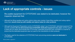 Lack of appropriate controls - issues
Re-usable equipment for CYTOTOXIC was stated to be dedicated, however the
inspector observed that:
• Although the filling needles and carboy siphon tubes were marked, these filling needles and carboy siphon
tubes were stored mixed up with needles and siphon tubes for other products
• Although the Equipment Preparation List for CYTOTOXIC stated “use CYTOTOXIC dedicated equipment” the
records available did not demonstrate that CYTOTOXIC dedicated equipment was used, and the system
in place did not clearly demonstrate that CYTOTOXIC dedicated equipment was controlled in a manner to
ensure that the dedicated equipment was not used for the manufacture of other products
• The flasks used for the collection of CYTOTOXIC flush and priming solutions were not dedicated to
CYTOTOXIC
RACI & CAPSIG - August 2017 33
 