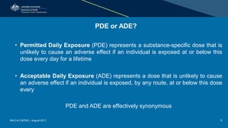 PDE or ADE?
• Permitted Daily Exposure (PDE) represents a substance-specific dose that is
unlikely to cause an adverse effect if an individual is exposed at or below this
dose every day for a lifetime
• Acceptable Daily Exposure (ADE) represents a dose that is unlikely to cause
an adverse effect if an individual is exposed, by any route, at or below this dose
every
PDE and ADE are effectively synonymous
RACI & CAPSIG - August 2017 8
 
