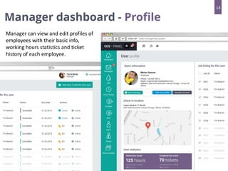 Manager dashboard - Profile
Manager can view and edit profiles of
employees with their basic info,
working hours statistics and ticket
history of each employee.
14
 
