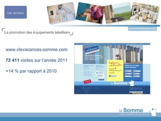 www.somme-tourisme.com
La promotion des é quipements labellisé s



www.clevacances-somme.com

72 411 visites sur l’année 2011

+14 % par rapport à 2010
 