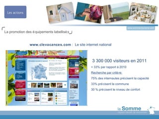 www.somme-tourisme.com
La promotion des é quipements labellisé s


                www.clevacances.com : Le site internet national



                                                   3 300 000 visiteurs en 2011
                                                   + 33% par rapport à 2010
                                                   Recherche par critè re:
                                                   75% des internautes pré cisent la capacité
                                                   33% pré cisent la commune
                                                   30 % pré cisent le niveau de confort
 