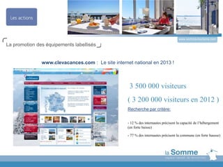 www.somme-tourisme.com
www.clevacances.com : Le site internet national en 2013 !
La promotion des équipements labellisés
3 500 000 visiteurs
( 3 200 000 visiteurs en 2012 )
Recherche par critère:
- 12 % des internautes précisent la capacité de l’hébergement
(en forte baisse)
- 77 % des internautes précisent la commune (en forte hausse)
 