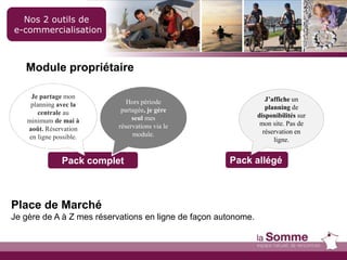 Pack complet
Nos 2 outils de
e-commercialisation
Pack allégé
Module propriétaire
Je partage mon
planning avec la
centrale au
minimum de mai à
août. Réservation
en ligne possible.
Hors période
partagée, je gère
seul mes
réservations via le
module.
Place de Marché
Je gère de A à Z mes réservations en ligne de façon autonome.
J’affiche un
planning de
disponibilités sur
mon site. Pas de
réservation en
ligne.
 