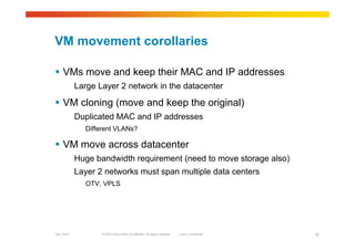 © 2010 Cisco and/or its affiliates. All rights reserved. Cisco ConfidentialGarr 2010 15
VM movement corollaries
 VMs move and keep their MAC and IP addresses
Large Layer 2 network in the datacenter
 VM cloning (move and keep the original)
Duplicated MAC and IP addresses
Different VLANs?
 VM move across datacenter
Huge bandwidth requirement (need to move storage also)
Layer 2 networks must span multiple data centers
OTV, VPLS
 