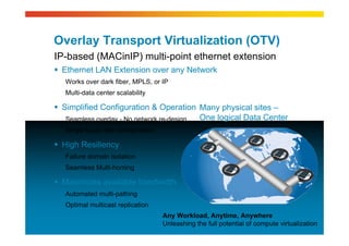 © 2010 Cisco and/or its affiliates. All rights reserved. Cisco ConfidentialGarr 2010 21
 Ethernet LAN Extension over any Network
Works over dark fiber, MPLS, or IP
Multi-data center scalability
 Simplified Configuration & Operation
Seamless overlay - No network re-design
Single touch site configuration
 High Resiliency
Failure domain isolation
Seamless Multi-homing
 Maximizes available bandwidth
Automated multi-pathing
Optimal multicast replication
Overlay Transport Virtualization (OTV)
IP-based (MACinIP) multi-point ethernet extension
Many physical sites –
One logical Data Center
Any Workload, Anytime, Anywhere
Unleashing the full potential of compute virtualization
 