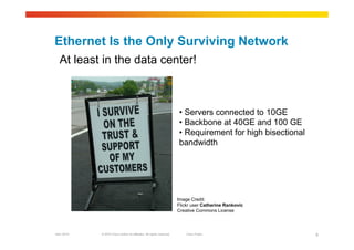 © 2010 Cisco and/or its affiliates. All rights reserved. Cisco PublicGarr-2010 9
Ethernet Is the Only Surviving Network
At least in the data center!
Image Credit:
Flickr user Catherine Rankovic
Creative Commons License
• Servers connected to 10GE
• Backbone at 40GE and 100 GE
• Requirement for high bisectional
bandwidth
 