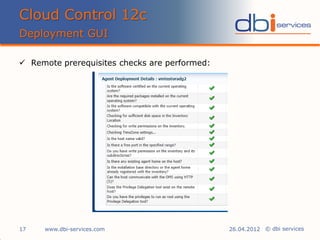 © dbi services
 Remote prerequisites checks are performed:
Cloud Control 12c
Deployment GUI
www.dbi-services.com17 26.04.2012
 