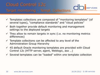 © dbi services
 Templates collections are composed of “monitoring templates” (of
several types), “compliance standards” and “cloud policies”
 Both together provide default monitoring and management
settings to the deployed targets
 They allow to remain targets in sync (i.e. no monitoring metrics
differences)
 Template collections can be affected to any level of the
Administration Group Hierarchy
 45 default Oracle monitoring templates are provided with Cloud
Control 12c (HTTP server, agent, Weblogic, aso …)
 Several templates can be “loaded” within one template collection
Cloud Control 12c
Target monitoring – Templ. Collections
www.dbi-services.com30 26.04.2012
 