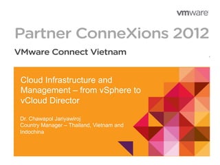 Cloud Infrastructure and
Management – from vSphere to
vCloud Director
Dr. Chawapol Jariyawiroj
Country Manager – Thailand, Vietnam and
Indochina
 