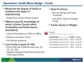 104
Operations: Health Minor Badge – Faults
  Measures the degree of faults or
problems the object is
experiencing
•  Pulled from active vCenter events
  VMware specific knowledge of
which vCenter Events affect
Availability and Performance
(examples):
•  Loss of redundancy in NICs or HBAs
•  Memory checksum errors
•  HA failover problems
  Low Faults is good (0-100)
•  Each fault has a default score (e.g. 25,
50, 75, 100)
•  Highest individual Fault Score drives the
Fault object Score
  Best Practices:
•  Do not change the Faults
Threshold
•  Use Alerts View to manage
Faults
  Faults shown in Widget
 